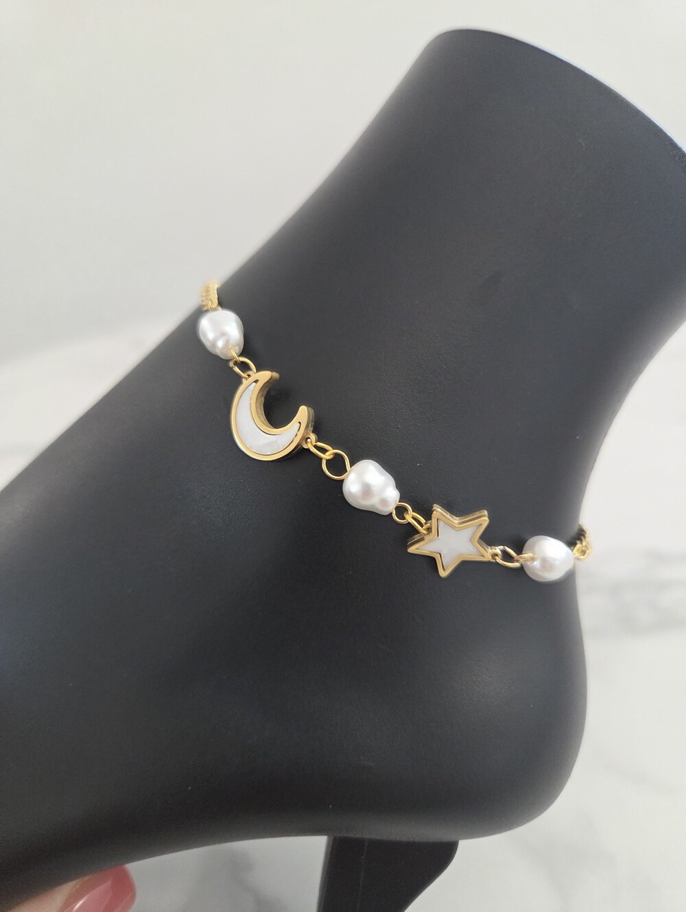Gold Celestial Anklet Pearl Crescent Moon Star Charm Bracelet - Picture 8 of 16